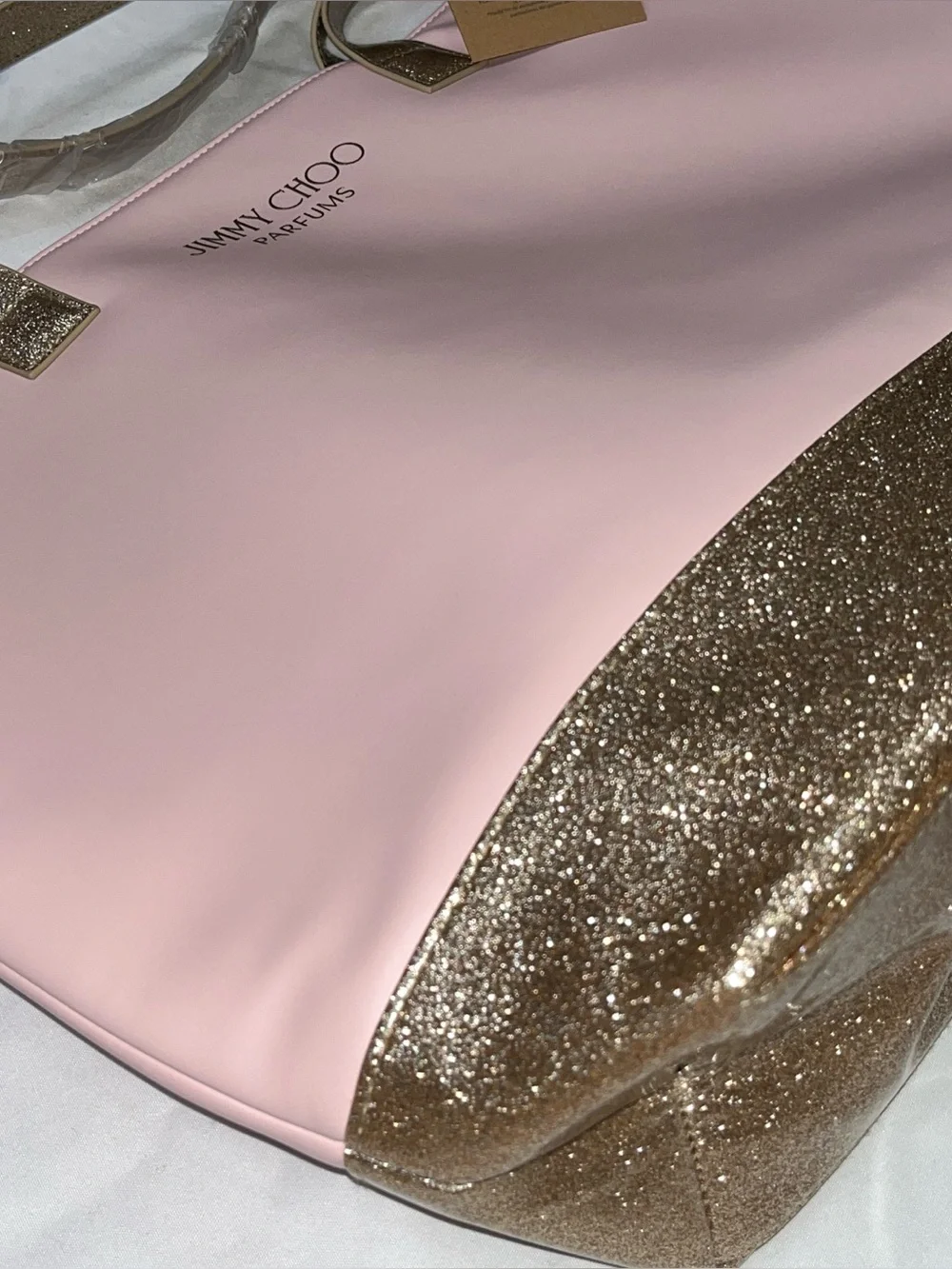 Jimmy Choo Parfum Tote Bag Pink & Gold Glitter Large Shoulder Bag Faux Leather